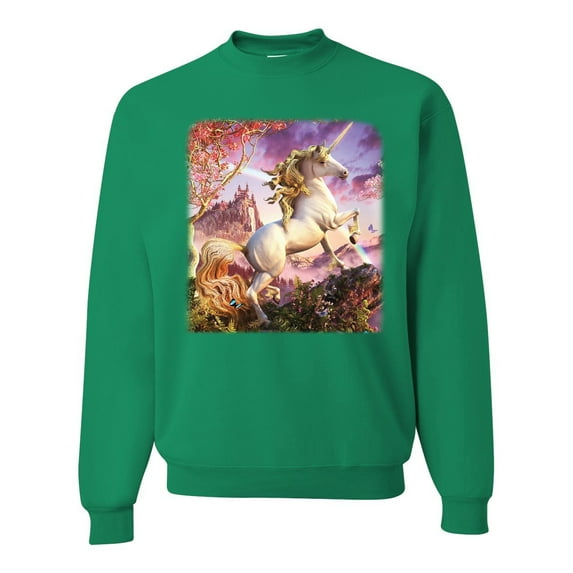 Unicorn Fanstasy Rainbow Castle Unisex Crewneck Graphic Sweatshirt, Kelly, X-Large