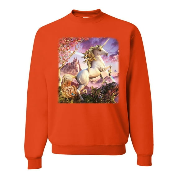 Unicorn Fanstasy Rainbow Castle Unisex Crewneck Graphic Sweatshirt, Orange, X-Large