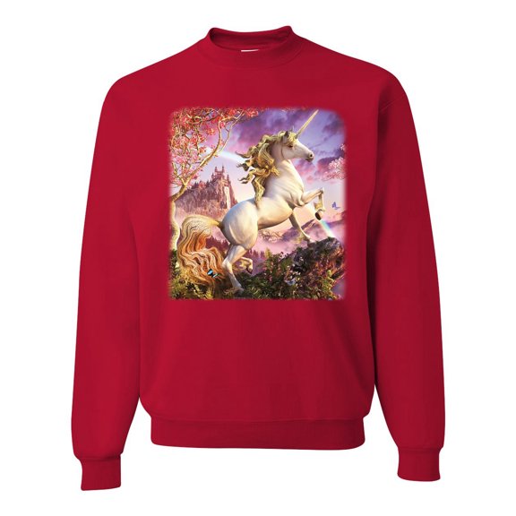 Unicorn Fanstasy Rainbow Castle Unisex Crewneck Graphic Sweatshirt, Red, 2XL