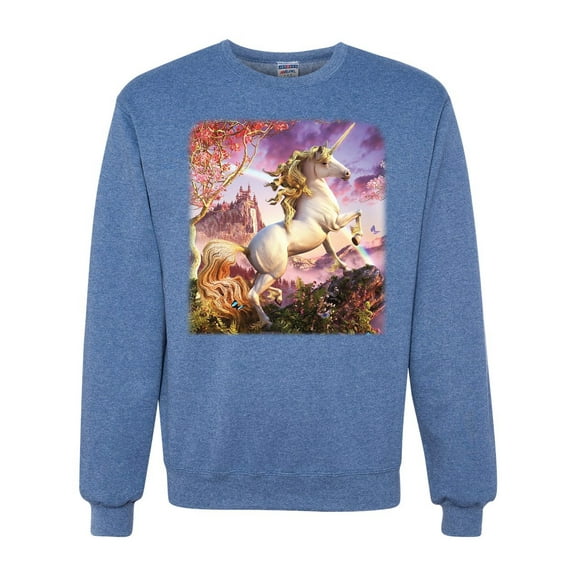 Unicorn Fanstasy Rainbow Castle Unisex Crewneck Graphic Sweatshirt, Vintage Heather Blue, X-Large