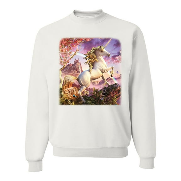 Unicorn Fanstasy Rainbow Castle Unisex Crewneck Graphic Sweatshirt, White, 3XL