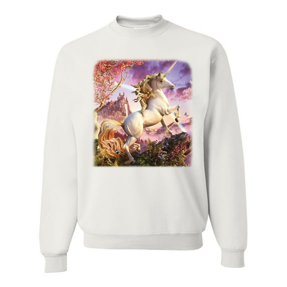 Unicorn Fanstasy Rainbow Castle Unisex Crewneck Graphic Sweatshirt, White, X-Large
