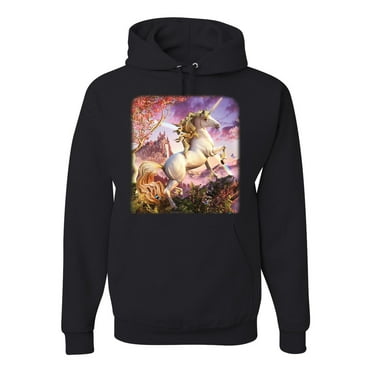 Unicorn Fanstasy Rainbow Castle Unisex Graphic Hoodie Sweatshirt, Black, Small