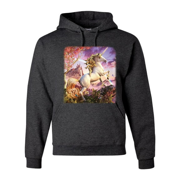 Unicorn Fanstasy Rainbow Castle Unisex Graphic Hoodie Sweatshirt, Heather Black, 2XL