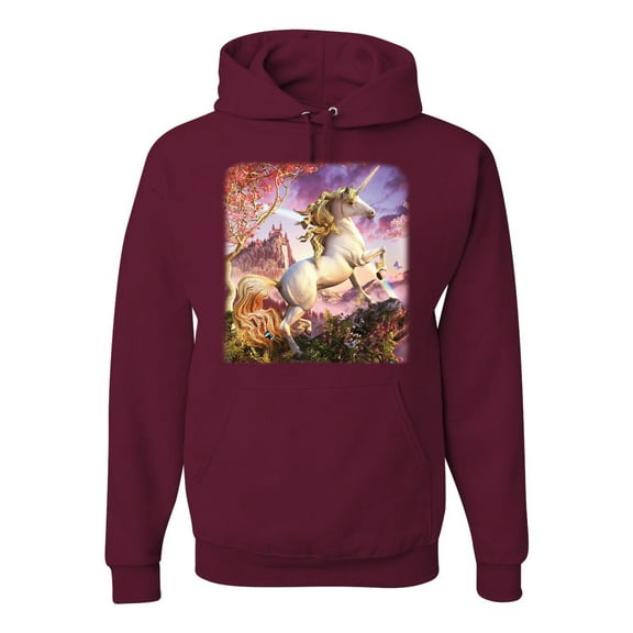 Unicorn Fanstasy Rainbow Castle Unisex Graphic Hoodie Sweatshirt, Maroon, Large
