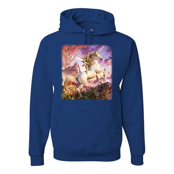 Unicorn Fanstasy Rainbow Castle Unisex Graphic Hoodie Sweatshirt, Royal, X-Large