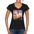 thumbnail image 1 of Unicorn Fanstasy Rainbow Castle Womenâ€™s Standard V-Neck Tee, Black, X-Large, 1 of 3