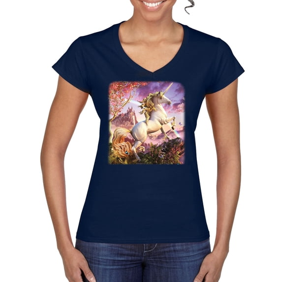 Unicorn Fanstasy Rainbow Castle Women’s Standard V-Neck Tee, Navy, Large