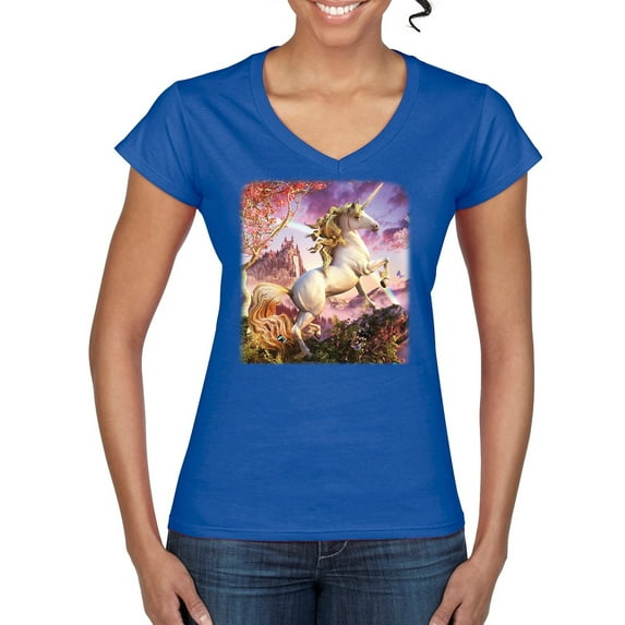 Unicorn Fanstasy Rainbow Castle Women’s Standard V-Neck Tee, Royal, Medium