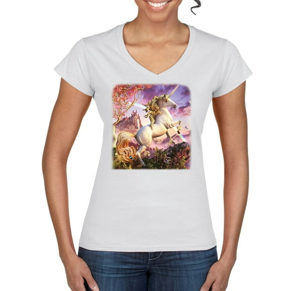 Unicorn Fanstasy Rainbow Castle Women's Standard V-Neck Tee, White, 2XL