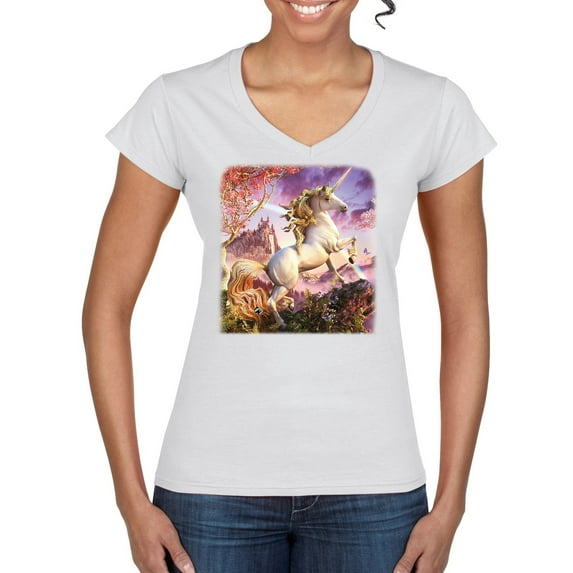 Unicorn Fanstasy Rainbow Castle Women's Standard V-Neck Tee, White, Large