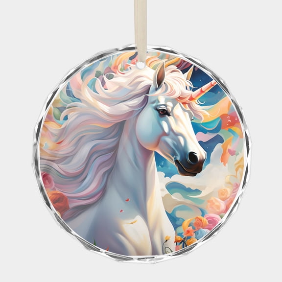 Unicorn Fantasy Beautiful White Unicorn in a Dreamy Floral Sky Watercolor Unicorns Design 3" Ornament Christmas Gift Crystal Glass Xmas Ornaments Holiday Decor, 1 pc