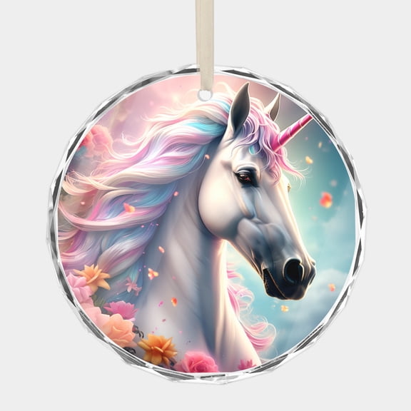 Unicorn Fantasy Pink White Unicorn in the Sky Floral Dream Watercolor Unicorns Design 3" Ornament Christmas Gift Crystal Glass Xmas Ornaments Holiday Decor, 1 pc