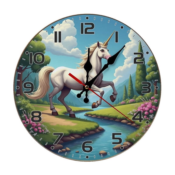 Unicorn Fantasy Wall Clock 10 Inch Silent Non Ticking Round Wooden Clock Decoration for Living Room Kitchen Bedroom Bathroom Office Classroom