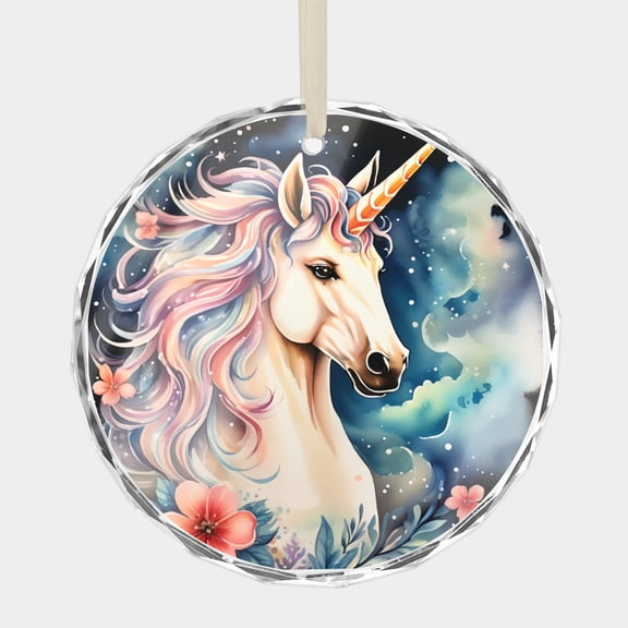 Unicorn Fantasy White Unicorn in a Dreamy Blue Cloud Sky with Pink Tropical Flowers Watercolor Unicorns Design 3" Ornament Christmas Gift Crystal Glass Xmas Ornaments Holiday Decor, 1 pc