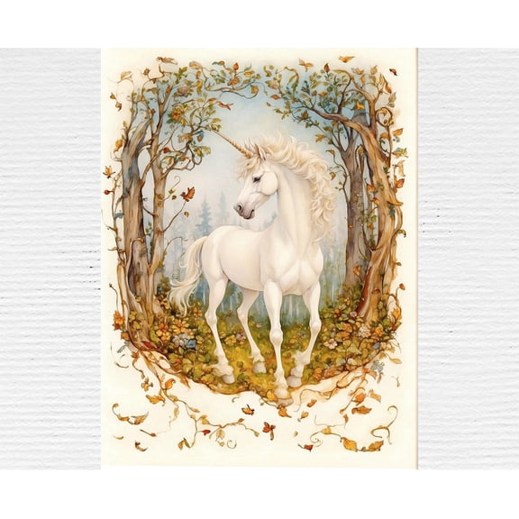 Unicorn Fine Art Unicorn in Enchanted Autumn Forest Magical Wall Art, Stretched Canvas 16x20in