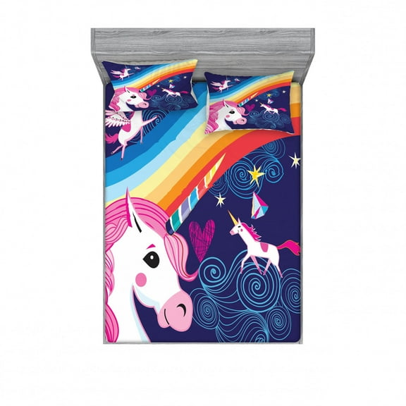 Unicorn Fitted Sheet & Pillow Sham Set, Colorful Arrangement of Mythical Animals in The Sky with Rainbows Girly Design, Decorative Printed 3 Piece Bedding Decor Set, Full, Lavender, by Ambesonne