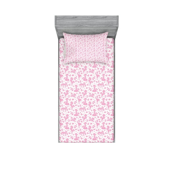 Unicorn Fitted Sheet & Pillow Sham Set, Magic Horses with Butterflies Birds Clouds Hearts on Polka Dots Myth, Decorative Printed 4 Piece Bedding Decor Set, Twinxl, Pale Pink White, by Ambesonne