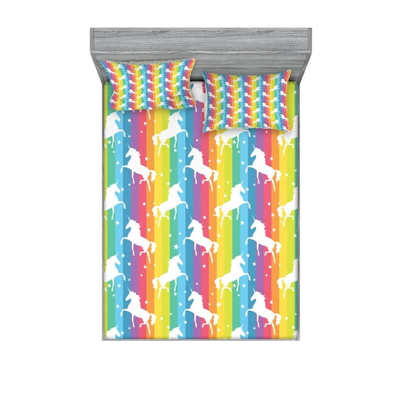 Unicorn Fitted Sheet & Pillow Sham Set, Magic Ideas Theme Colorful Stripes Composition with Horses of Imaginary World Print, Decorative 6 Piece Bedding Decor Set, Queen, Multicolor, by Ambesonne