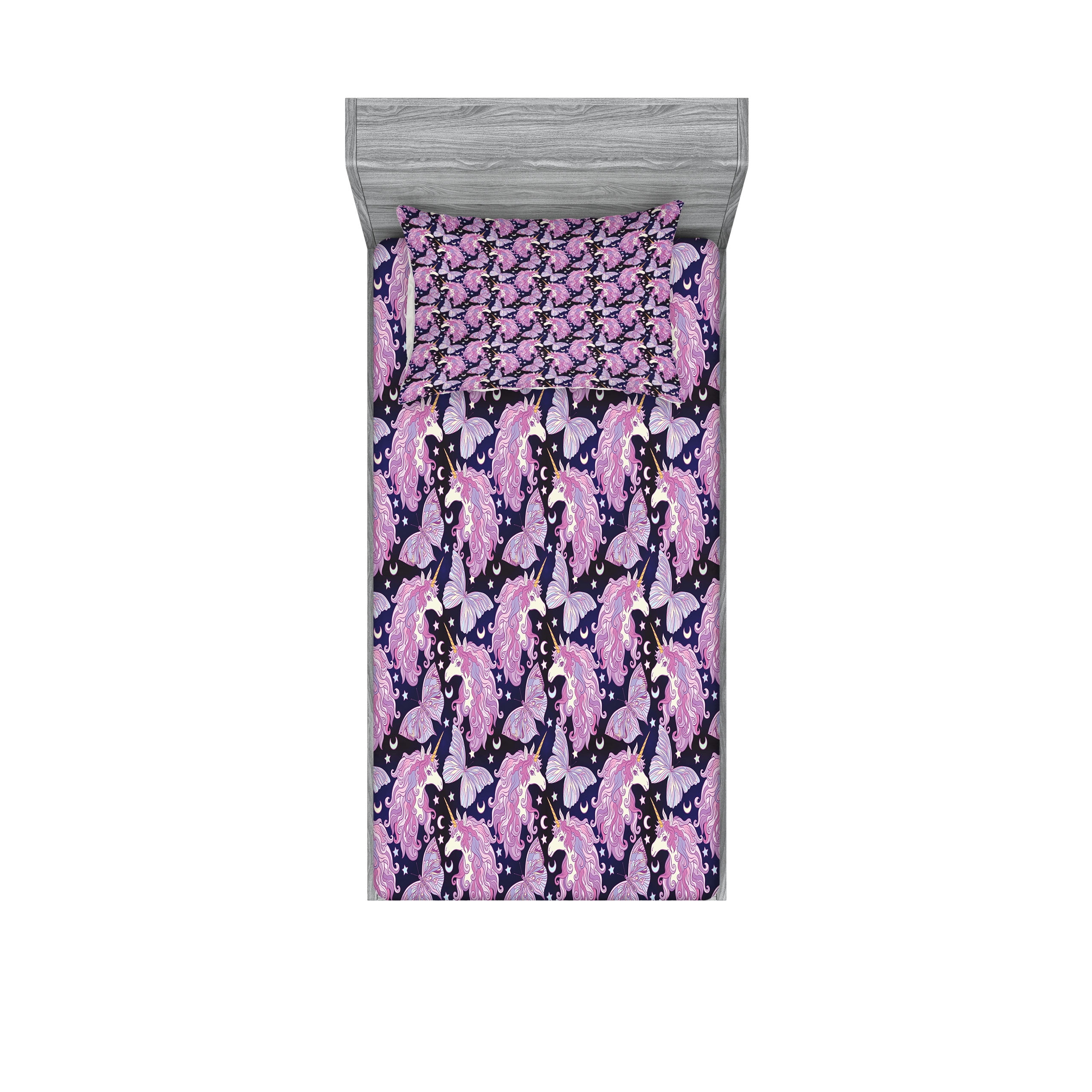 Unicorn Fitted Sheet & Pillow Sham Set, Mythical Animal with Colorful ...