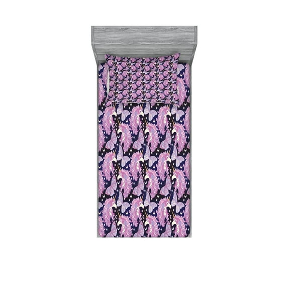 Unicorn Fitted Sheet & Pillow Sham Set, Mythical Animal with Colorful Mane Butterflies Stars Crescent Moons Fantasy World, Decorative Printed 4 Piece Bedding Decor Set, Twin, Multicolor, by Ambesonne