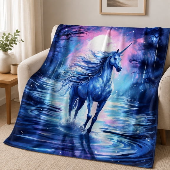Unicorn Fleece Throw Blanket, 280 GSM Polyester, Blue Fantasy Print