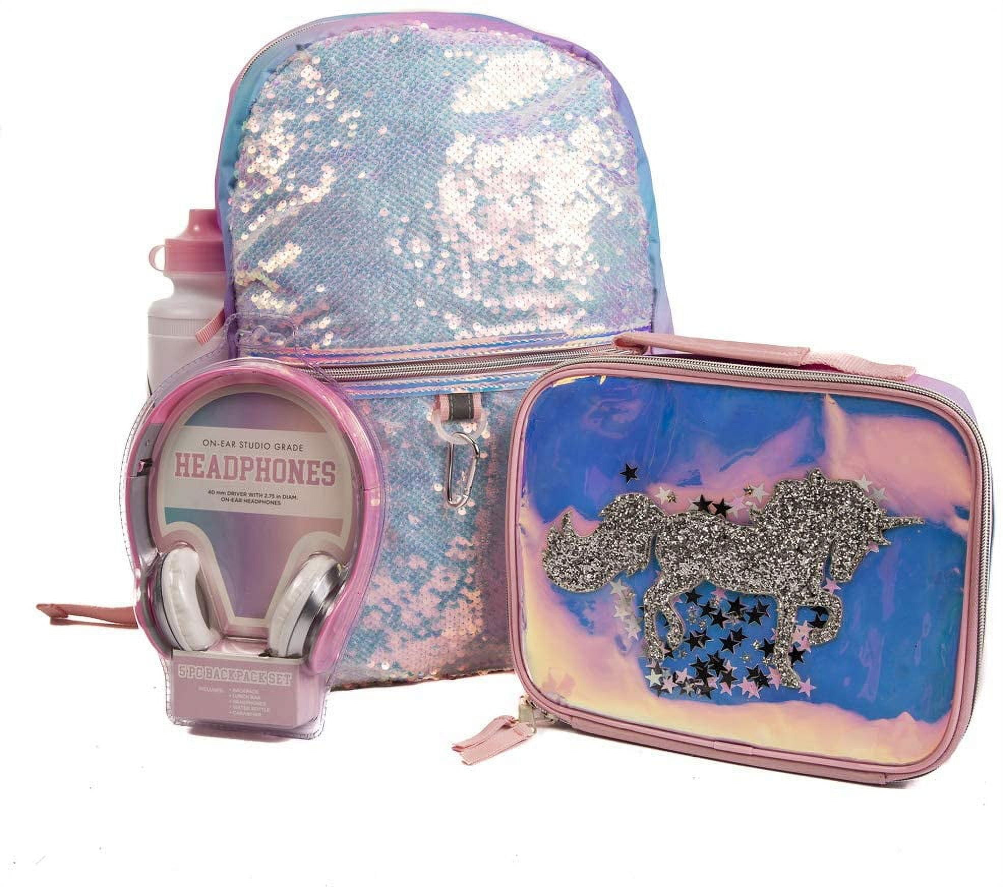 RALME Unicorn Girls Backpack with Lunch Box and Water Bottle 6 Piece Set 16 inch, Kids Unisex, Purple