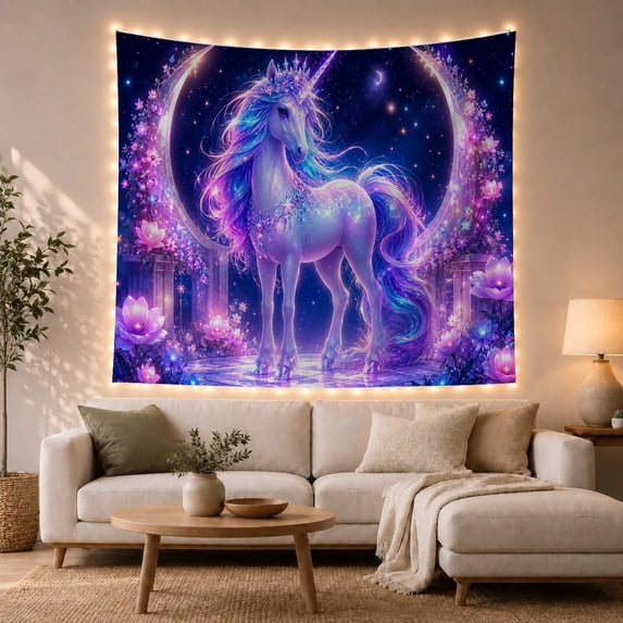 Unicorn in Floral Crescent Moon Garden, Whimsical Fantasy for Fantasy Art Lovers, Mythical Wall Art, Birthday Gift Tapestry Wall Hanging for Bedroom, Living Room and Dorm