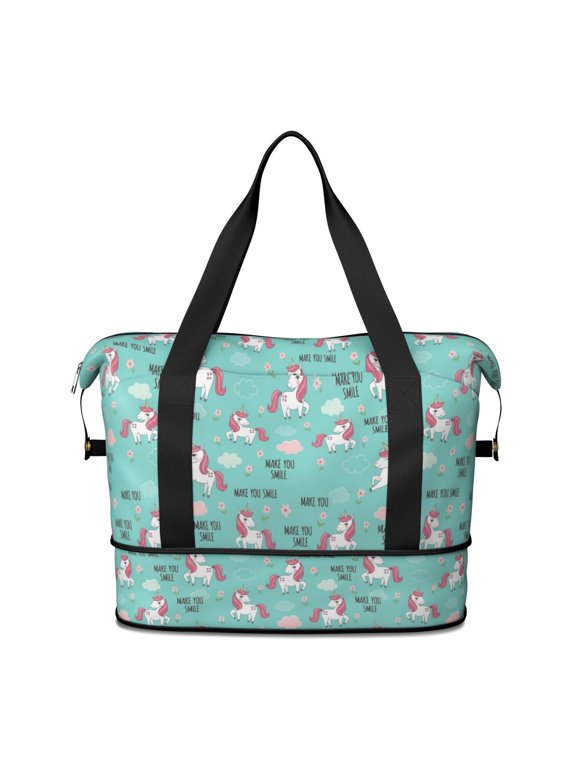 Unicorn and Flower Blue Pattern Expandable Travel Tote Bag, Overnight Carry on Bag with Dry Wet Pockets, Tear Resistant Gift Ideas for Holiday Birthday Gifts