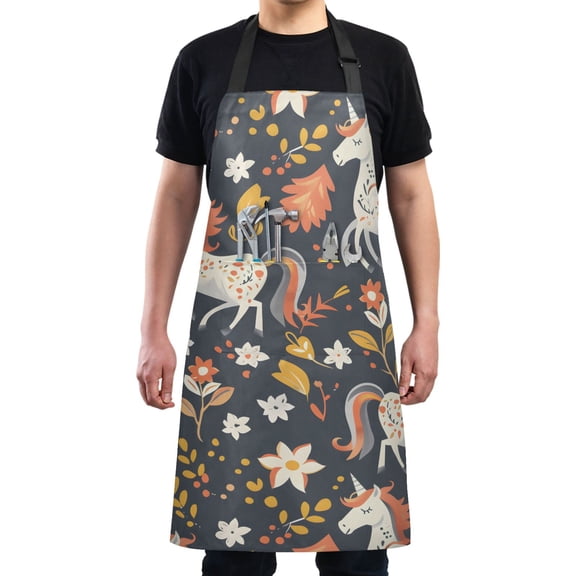 Unicorn Flower Leaf Kitchen Apron with 2 Pockets Adjustable waterproof Cooking Aprons for Women Men Chef