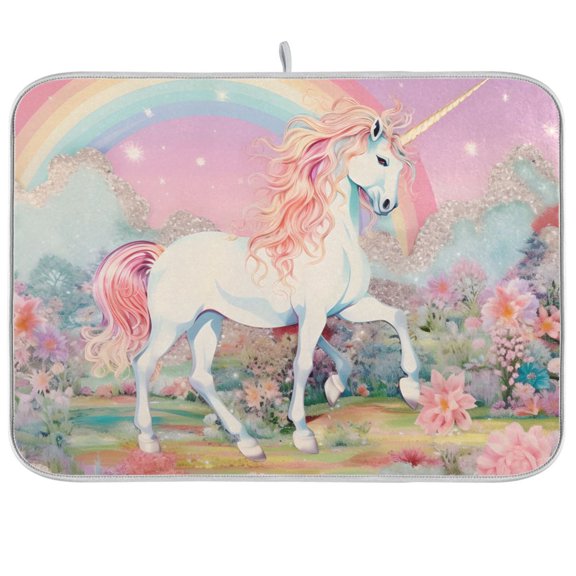 Unicorn Flowers with Rainbow Dish Drying Mat Dish Drainer Rack Mats Water Absorbent Non-Slip Easy Clean Heat Resistant for Kitchen Counter