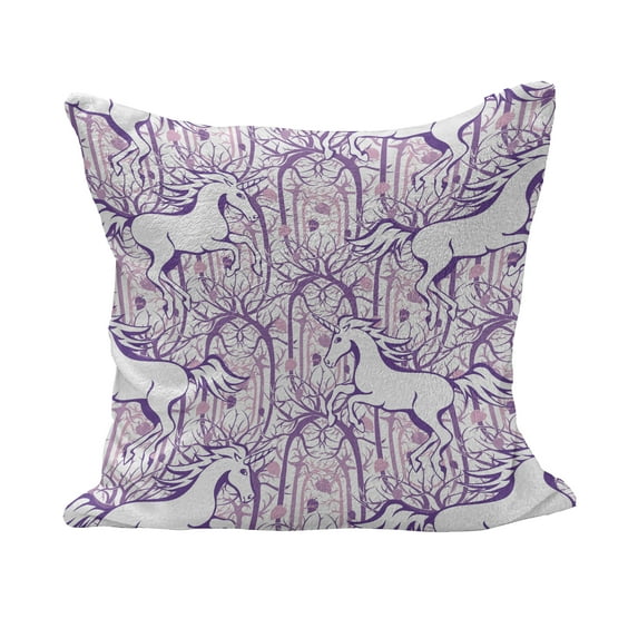 Unicorn Fluffy Throw Pillow Cushion Cover, Unicorn Galloping on Curved Swirled Tree Branches in Abstract Forest Pattern Art Print, Decorative Square Pillow Case, 24" x 24", Purple, by Ambesonne