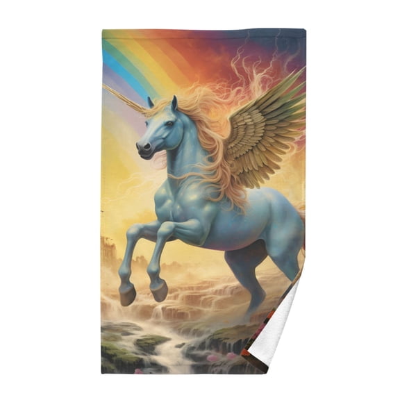 Unicorn Flying Rainbow and Flower Cotton Face Towel Soft Hand Towel Absorbent Bathroom Towel for Kitchen Hotel