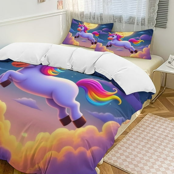 Unicorn Flying in Moonlit Sky Duvet Cover Set Themed Multicolor Polyester Bedding Set for Bedroom Decoration