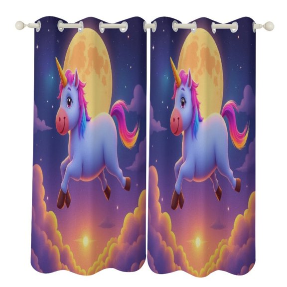 Unicorn Flying in Moonlit Sky Study Room Living Kitchen Bedroom For Blackout Curtain Printed 2 Panels
