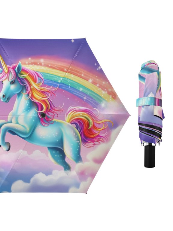 Unicorn Flying on Cloud Compact Sun Umbrella Windproof Travel Umbrellas for Rain Strong Portable UV Protection