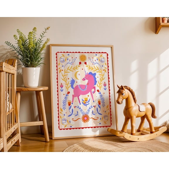 Unicorn Folk Art Print: Eclectic boho Nursery wall Décor 8x12 UNFRAMED