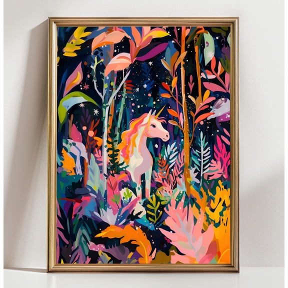 Unicorn Forest Art Print Magical Unicorn Wall Art Colorful Fantasy Decor Enchanted Jungle Illustration