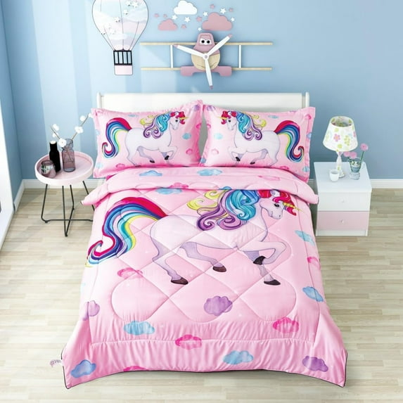 Unicorn Full Size Bedding Set 5 Pieces Pink 3D Kids Comforter Sets Breathable with Comforter, Flat Sheet, Fitted Sheet and 2 Pillowcases