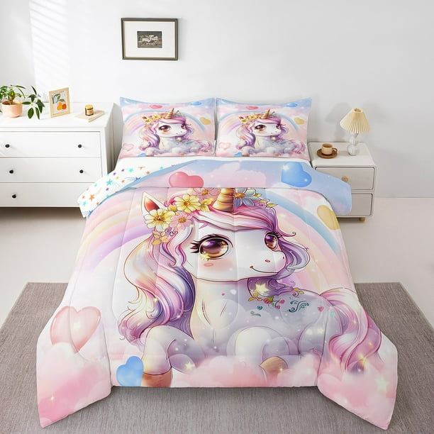 Unicorn Full Size Comforter Sets for Girls 3 Pieces Pink Unicorn Kids Rainbow Bedding for Boys Teens with 2 Pillowcases All Season