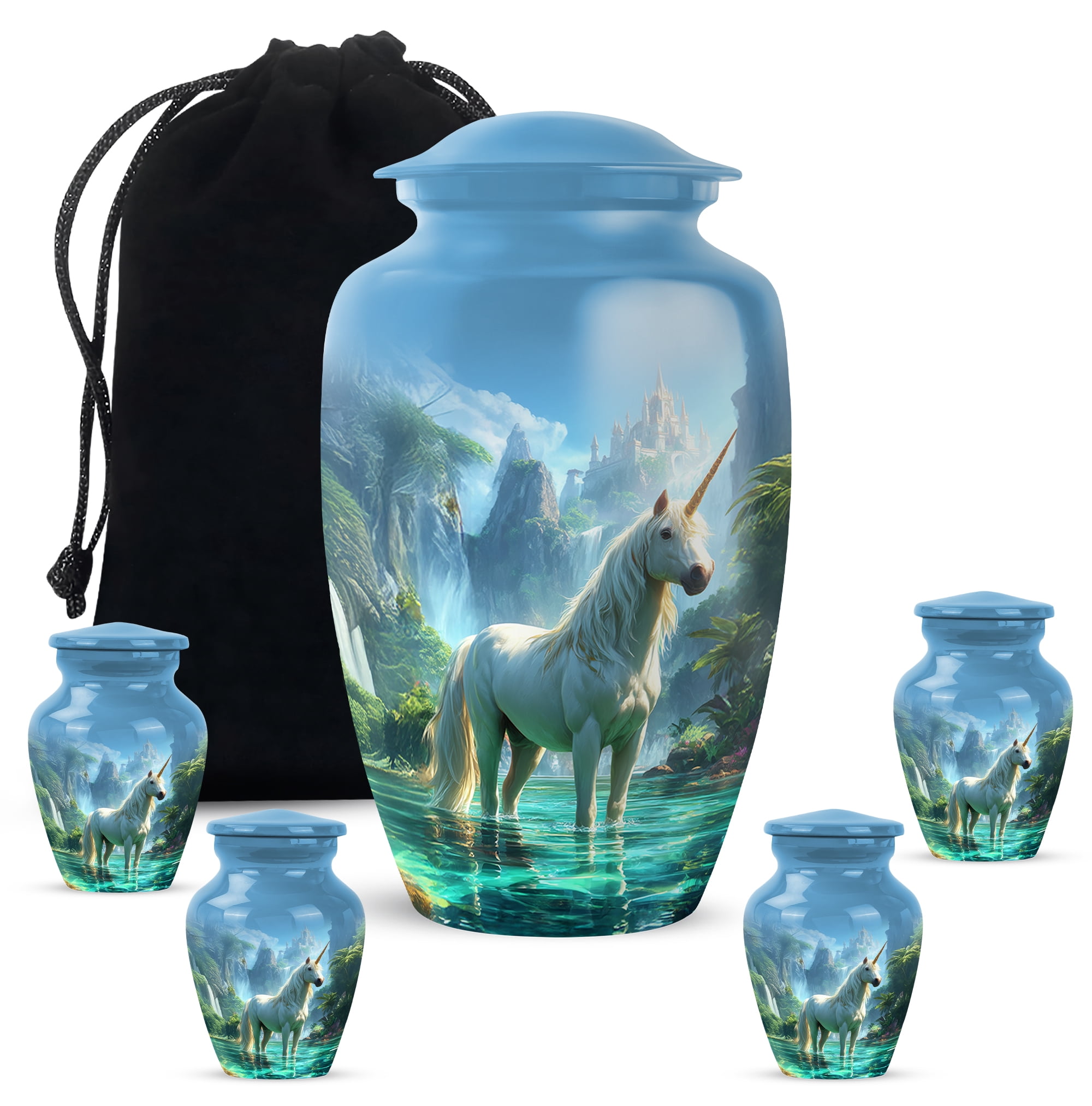Unicorn Funeral Urn For Women - Blue Urns For Human Ashes For Uncle And Aunty - Cloud Decorative Urns For Human Ashes Adult - Small Cremation Urn For Adult Mother, 1 Large 10 Inch, 4 Keepsake 3 Inch