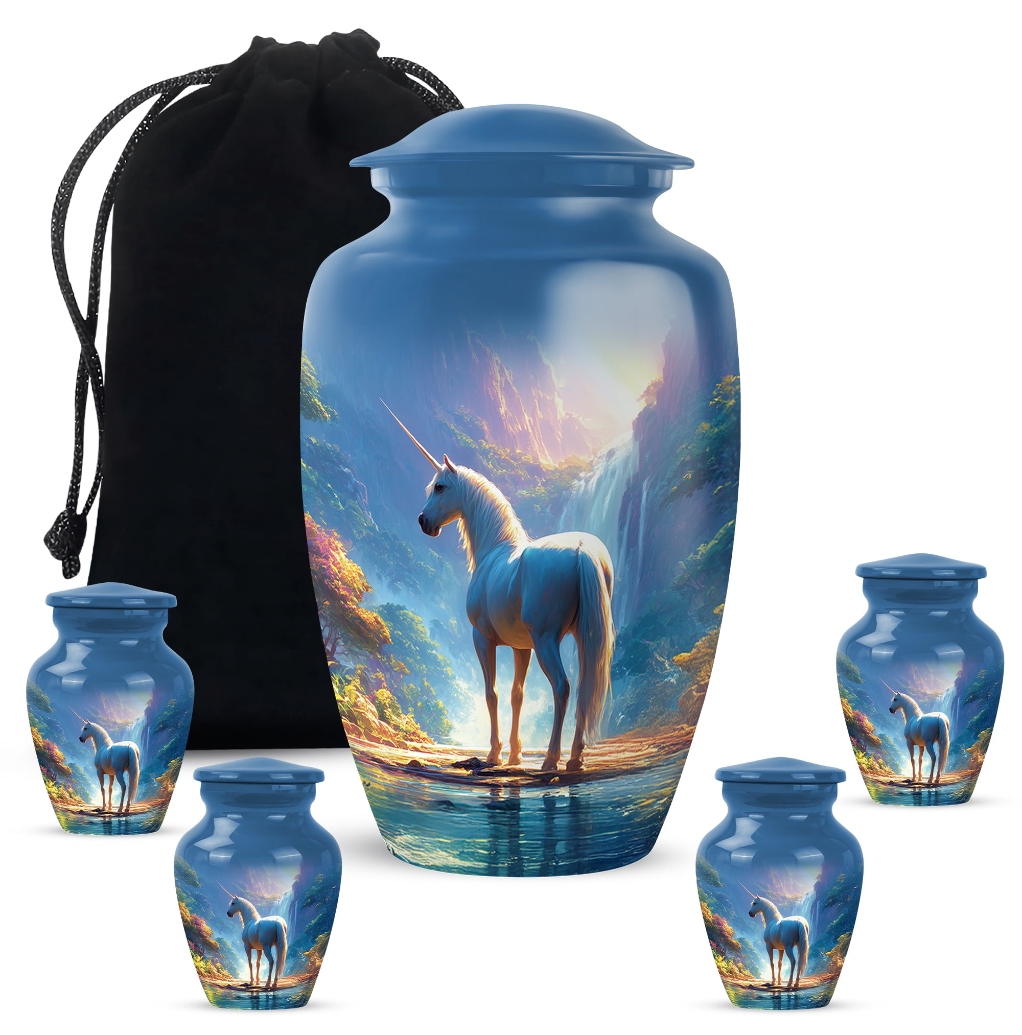 Unicorn Funeral Urns For Adult Female - 1 Large Decorative Urns For Human Ashes Adult Male Dad, Blue Cremation Urn For Human Ashes For Man - 10 Inch, 4 Small Keepsake Urn For Mom, 3 Inch