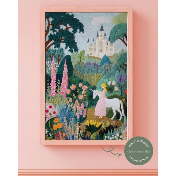 Unicorn Garden Print, Fairytale Castle Wall Art, Unframed Paper Poster 8x10in