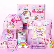 Unicorn Gift for Daughter Teen, 11 Pcs Beauty Spa Gifts Baskets Set, Holiday Birthday Gifts with Unicorn Glow in the Dark Blanket, Drawstring Backpack, 12oz Tumbler, Necklace Bracelet
