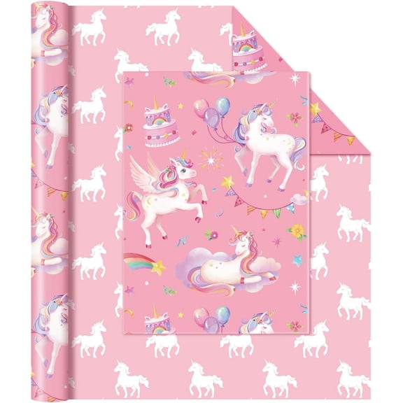Unicorn Gift Wrapping Paper - 1 Roll 17”x 33 ft Unicorn Birthday Wrapping Paper Pink Girl Gift Packing Supply Baby Shower Princess Theme Party Favor