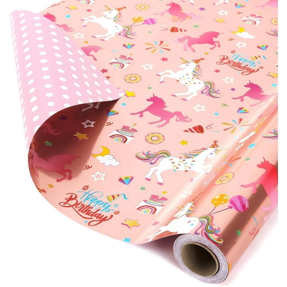 Unicorn Gift Wrapping Paper Roll - 1 Roll 17” x 33 ft Baby Girl Pink Wrapping Paper for Kids Unicorn Birthday Party Decor Supply, Reversible Metallic Foil Dots Design Dream Princess Style