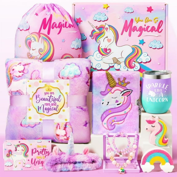 Unicorn Gifts Holiday Birthday Basket with Grow in The Dark Blanket Necklace Bracelet Headband 12oz Tumbler for Daughter Niece