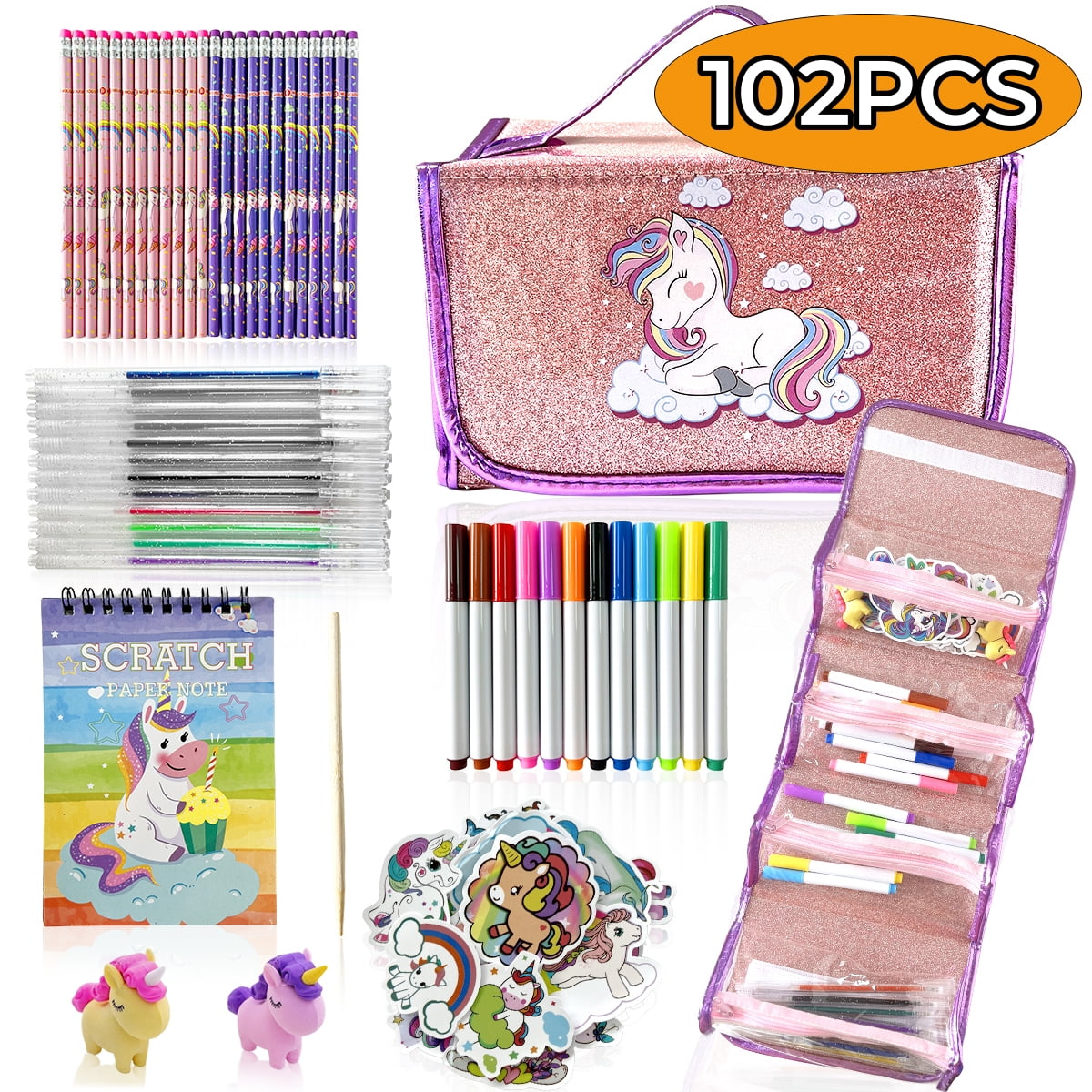 Sytle-carry Stationery Set Unicorns Gifts, 50 Pcs Filled Stationery with Unicorn Pencil Case Coloring Books Colored Pens Stickers, Arts and Crafts for