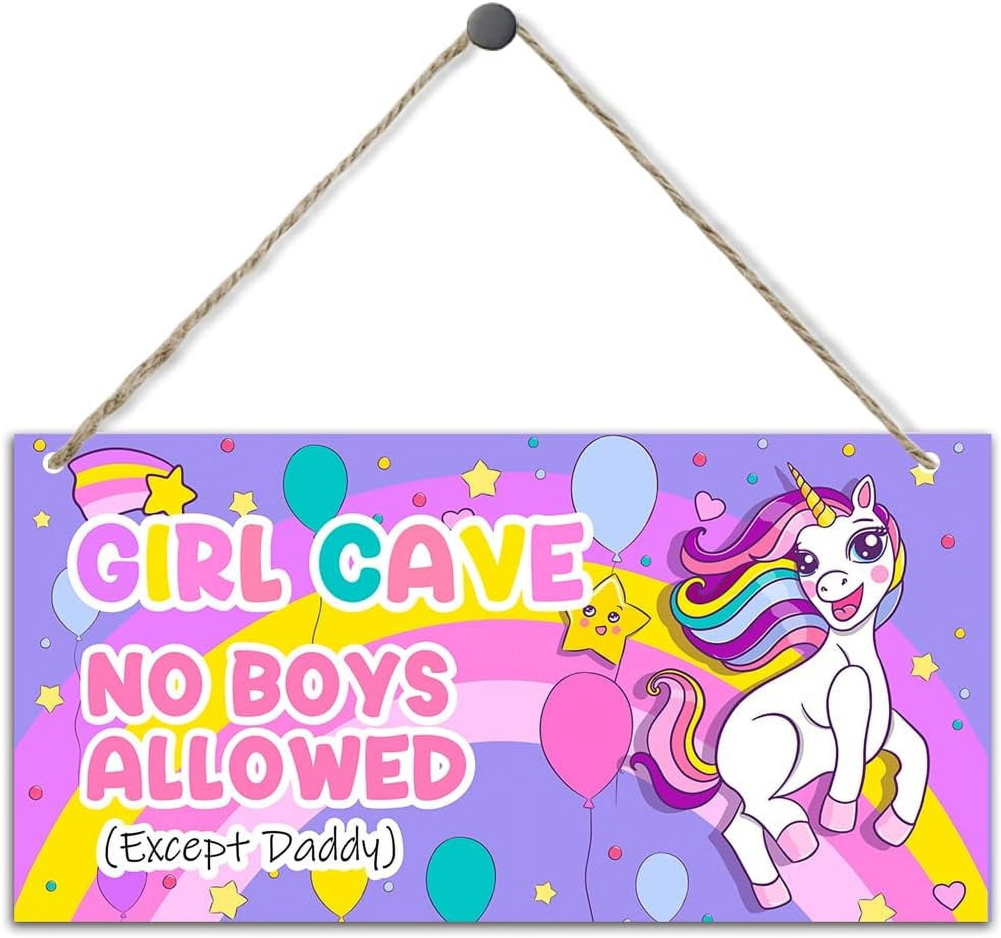 Amakoo Girl Cave Sign - 12x6 Inch Wood Plaque 'No Boys Allowed Except Daddy' For Bedroom Door Decor (Pink)