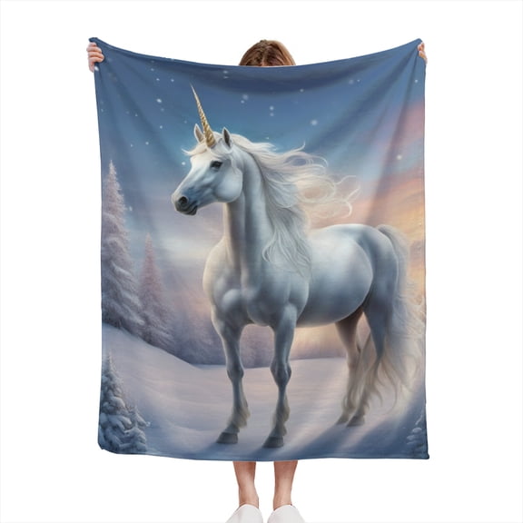 Unicorn Girl White Unicorn at Sunrise in Snow Watercolor Girls Unicorns Design Lightweight 50x60 Throw Blanket for Sofas, Home Decor, Travel, Lounging